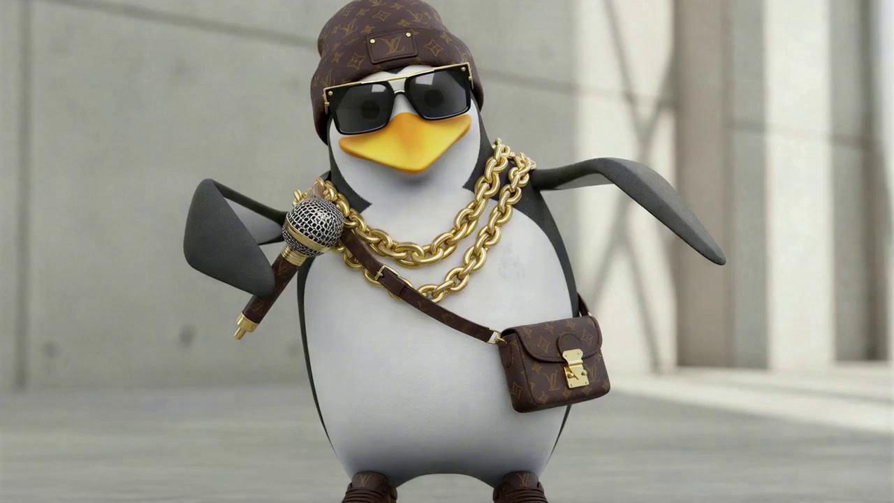 Prompt: walking on ice rapping his favorite song with a group of penguin girls surrounding him. approaches a slide and dives down into a crowd of penguins chanting don flipper