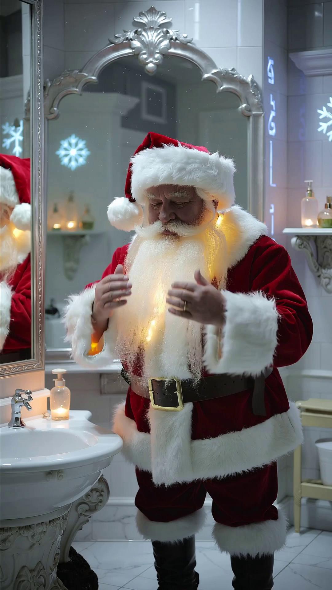 Prompt: I need a video of Santa Claus massaging his beard with both hands as if he is putting a beard product in it. He is in a magical bathroom in the north pole and his beard looks magical in the mirror. The beard is glowing just a little bit with magic. Make it more magical! Santa also looks really happy to be enjoying his magically soft and luxurious beard. 
