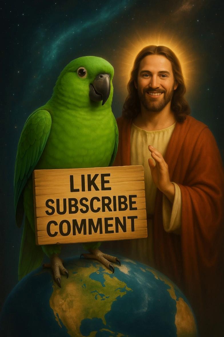 Prompt: 10‑s vertical clip; use attached painting. Mild parallax, slow push‑in toward “LIKE SUBSCRIBE COMMENT” sign. Parrot blinks, tilts head, flutters once; sign sways. Jesus smiles, raises right hand. Nebula glows, dust drifts. Warm painterly light, 24 fps, light grain, seamless loop, no motion blur.