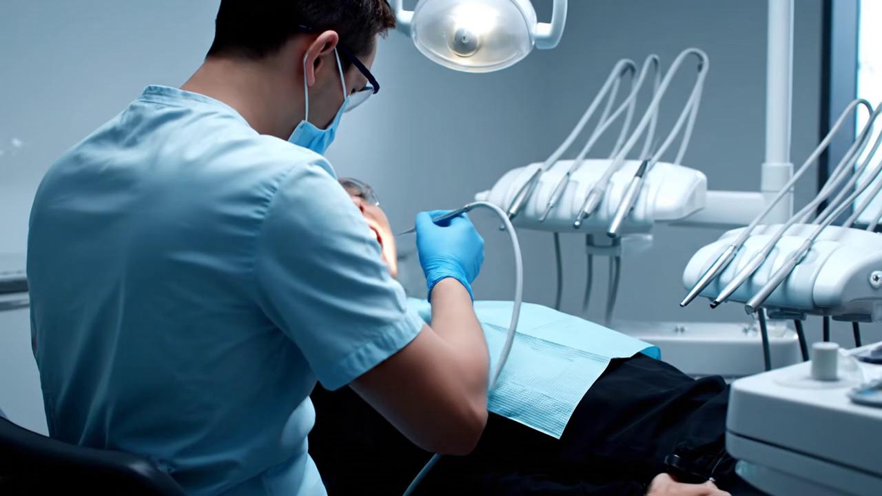 Prompt: A cinematic dental office scene. Camera angle pulled back from behind and slightly to the side of the dental chair, showing a dentist in gloves and mask treating the same patient reclined in the chair. The lighting is bright, clinical, and professional. The camera slowly zooms forward toward the dentist, gliding smoothly past the dentist’s shoulder. The view continues seamlessly into the exact same patient’s open mouth—no scene change, no new subject. The perspective becomes immersive as the camera travels into the same mouth, showing a clean, stylized interior. The sequence should feel modern, high-tech, and reassuring, with smooth cinematic motion and continuity from start to finish.