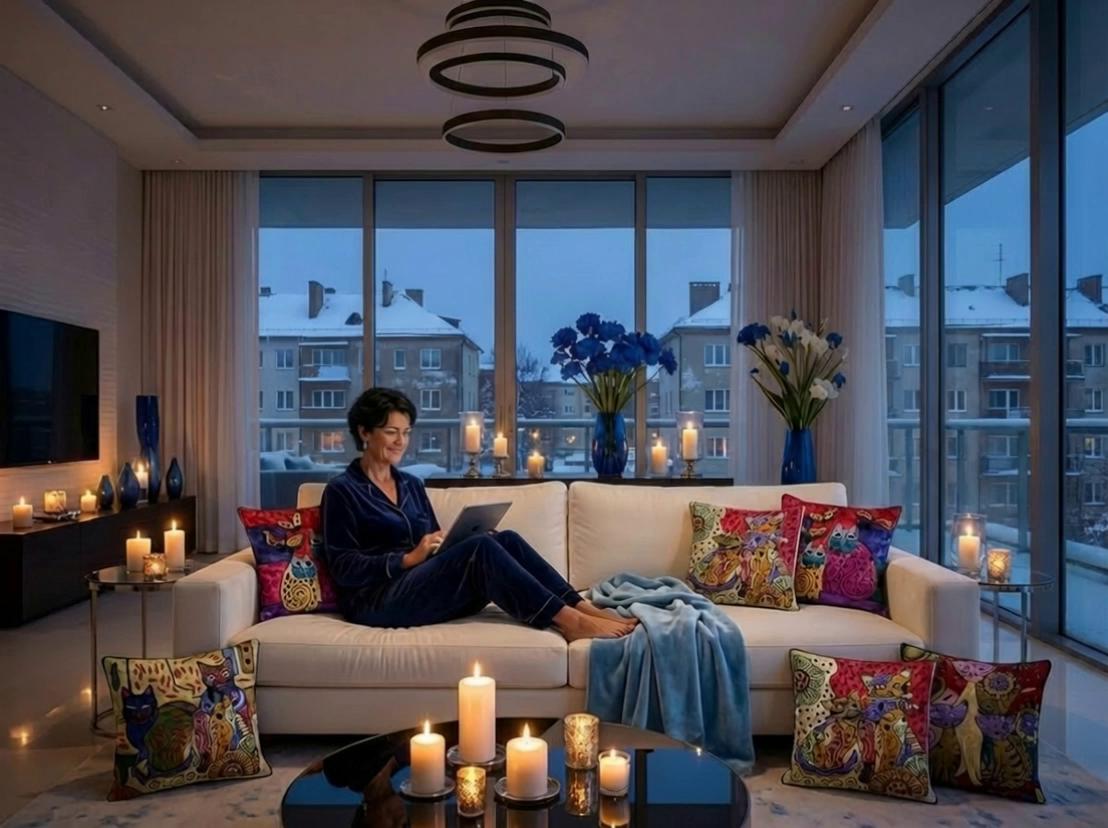 Prompt: The woman smiles delicately and elegantly, her red lacquered long nails, her manicure is impeccable and she looks attractive. She slowly puts the computer on the bed, her long shirt suits her very well, she sits down, thinks and lifts the pillow from the ground which is on the right side, she wants to show everyone how beautiful she is then stretches her hands towards the camera throughout the entire image holding the pillow. The image of the pillow is zoomed in a little and held for about 2 more seconds to show the silk patterns.