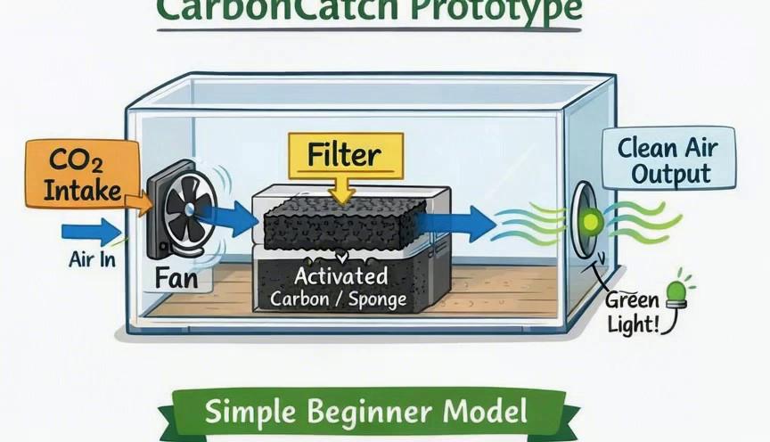 Prompt: Ultra-realistic cinematic drone video of a CarbonCatch device installed on top of a modern city building. The prototype is active: air is drawn into a small intake fan, passes through an internal activated carbon filter, and clean air exits. A transparent pipe extends downward from the building into the soil, showing carbon being absorbed and reused in the ground. Camera moves smoothly like a drone flying around the building, slowly circling and tilting down to show the pipe and soil. Natural daylight, realistic shadows and reflections, highly detailed textures, subtle motion in the fan and filter to show airflow. City skyline in the background, photorealistic, immersive environment, cinematic style, 4K ultra-real.
