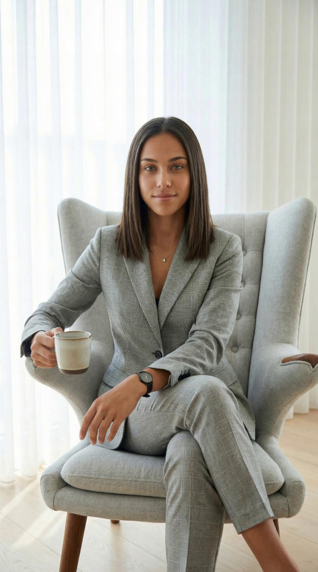 Prompt: A short, cinematic image-to-video sequence with refined, controlled camera movement. The camera begins in a stable, composed position and introduces a very slow, smooth dolly-in, almost imperceptible, creating a sense of intimacy and calm. Motion is elegant and deliberate, with no handheld shake—only soft, intentional movement consistent with a slider or slow dolly.At the start, the subject sits comfortably, with subtle micro-movements visible: gentle breathing, a relaxed posture adjustment, and a calm stillness between actions. The environment remains quiet and softly animated, with minimal atmospheric motion that enhances depth without distraction.After a natural pause, the subject slowly lifts the cup and takes a measured, unhurried sip. The motion is fluid and controlled, with a slight wrist rotation and a brief still moment during the sip. Timing feels human and relaxed, never rushed.As the cup lowers, the subject releases a soft, relaxed sigh, visible through a gentle chest drop, subtle shoulder release, and a quiet easing of posture. The sigh feels content and natural, integrated seamlessly into the movement rather than emphasized.Following the sigh, the subject turns her attention subtly toward the camera. There is a small, natural, gentle laugh, understated and warm, accompanied by minimal facial movement and a slight softening of posture. The laugh is brief and quiet, more of an expression than an action, maintaining the refined tone.Throughout the clip, the camera continues its slow dolly movement with minor, intentional framing refinement. Micro-expressions remain subtle and believable, and all motion flows organically with realistic timing and unconscious pauses.The sequence ends with the camera settling into a calm, intimate framing, preserving a warm, cinematic atmosphere. All movement remains smooth, lifelike, and elegant—fully human, immersive, and optimized for Kling 2.6 cinematic image-to-video generation.