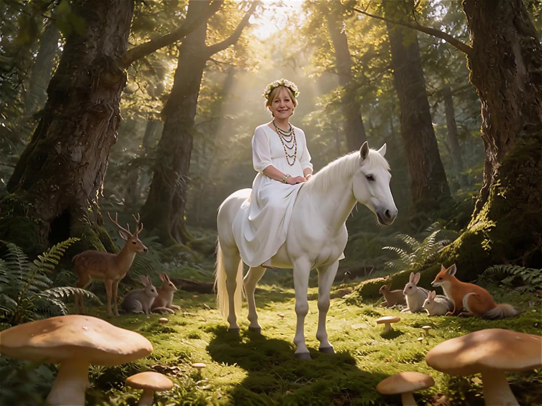 Prompt: Use the same woman on the horse. While calmly riding in this forest, have another white horse with tiny, purple flowers in its mane, enter the forest and approach the horse in the picture and nod  to each other, in respect.  Have the forest animals scurrying about in the background.