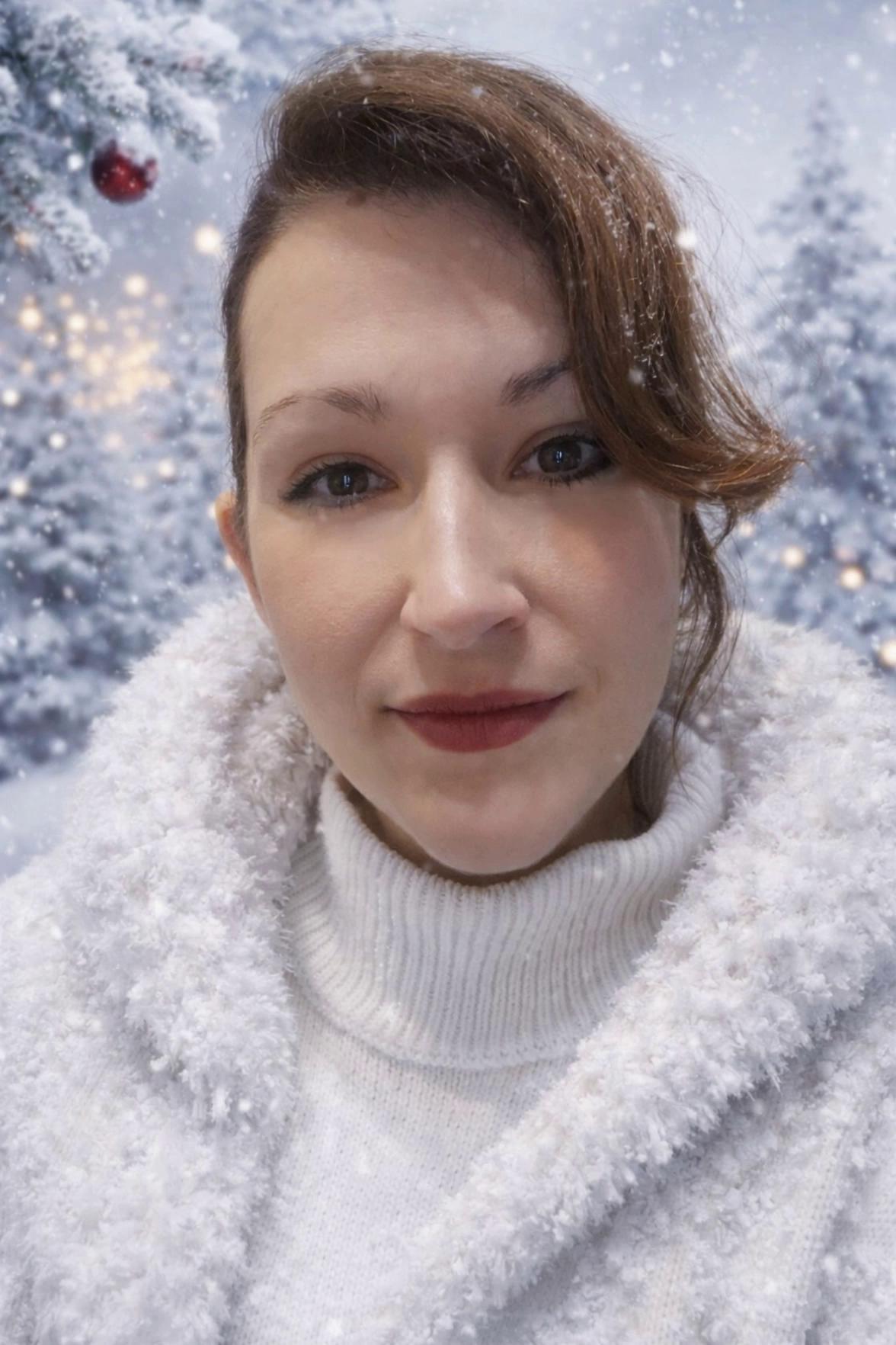 Prompt: A cinematic winter Christmas scene at twilight. Use the image attached for reference and keep the woman's exact looks during the entire animation. The woman is dressed in a white, fluffy snowy dress and soft knit jumper walks naturally through fresh snow, her footsteps gentle and realistic. Snowflakes fall slowly around her as warm fairy lights glow in the background. Ahead of her stands Santa Claus sitting on his classic red sleigh, and 6 reindeers, adorned with gold details and softly glowing lanterns.

She approaches Santa’s sleigh with calm confidence, and gracefully sits down on the sleigh, next to Santa. Santa gives a joyful nod and gently holds the reins. The 6 reindeers begin to move, their breath visible in the cold air. The sleigh slowly lifts off the snowy ground, rising into the sky as the reindeer carry it forward. Snow swirls beneath them as they fly smoothly over a winter landscape of snow-covered trees and rooftops until the disappear in the sky. The camera follows from a cinematic angle, creating a magical, heart-warming Christmas atmosphere. Ultra-realistic lighting, soft motion, dreamy festive mood, high-quality cinematic realism.

Mandatory: make sure movements are realistic and that the woman sits next to santa on the sleigh and this flies them away pulled by the reindeers in the front
Negative Prompt:
cartoon, anime, illustration, low quality, blurry, pixelated, distorted faces, unnatural movement, stiff or robotic motion, extra limbs, warped anatomy, unrealistic lighting, plastic skin, glitch effects, text, logos, watermarks, horror or creepy elements, no walking backwards or unrealistic movements. Do not make the woman look older than her age nor give her big cheeks nor a huge oversized smile. 