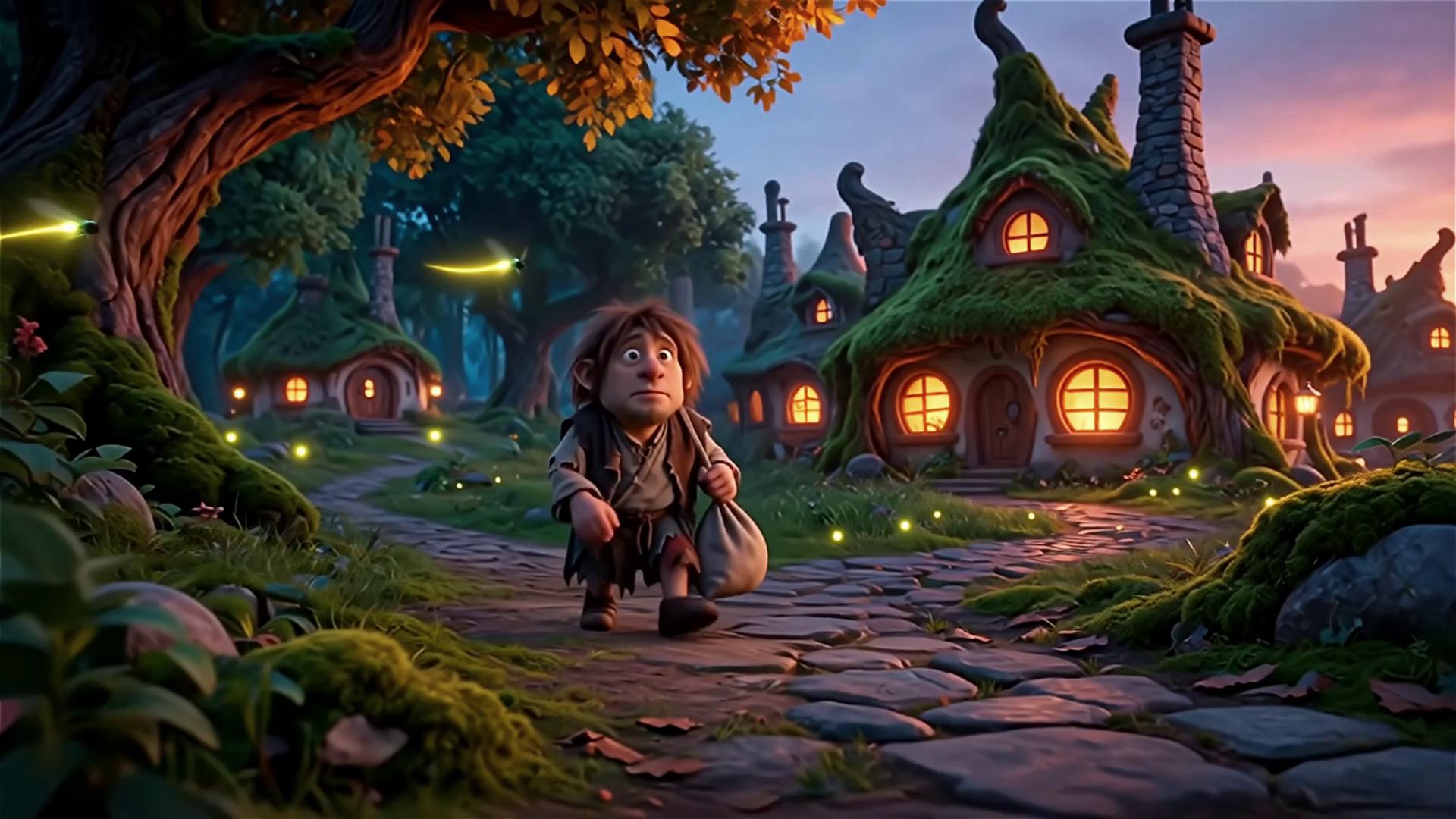 Prompt: Main Characters (keep consistent every scene):
	•	Ugly Hobbit — small quirky hobbit in crooked old clothes, messy hair, a little awkward but funny.
	•	Mother Cat — beautiful elegant cat-woman, soft fur, big kind eyes, graceful and attractive.
	•	Fat Cat Husband — chubby friendly cat-man, jolly face, round belly, lovable.
	•	Seagull Form — funny round seagull with expressive eyes.
	•	Sun Character — animated smiling sun with a small bicycle.
	•	Grand Wizard — tall handsome wizard with glowing robes and silver beard.
	•	Cat Son — young cute kitten-boy, curious and playful.

⸻

🎬 SCENE 1 — Magical Village & The Hobbit Arrives (15s)

COPY & PASTE:

Pixar-style ultra-cinematic animation. Warm golden lighting, magical fairy-tale tone, soft depth of field, expressive faces.

Characters:
Ugly Hobbit, Mother Cat, Fat Cat Husband, Cat Son.

Scene:
A peaceful fairy-tale village at sunset. Sparkling skies, fairies flying, magical atmosphere.
The camera slowly zooms in on the Ugly Hobbit walking a forest path in crooked clothes. He looks awkward but curious.

He reaches a cozy little cottage glowing with warm light. The Mother Cat opens the door, beautiful and elegant. The hobbit smiles nervously and politely waves hello like a new neighbor. The door glows warmly.

Tone: friendly, playful, cute, cinematic.
