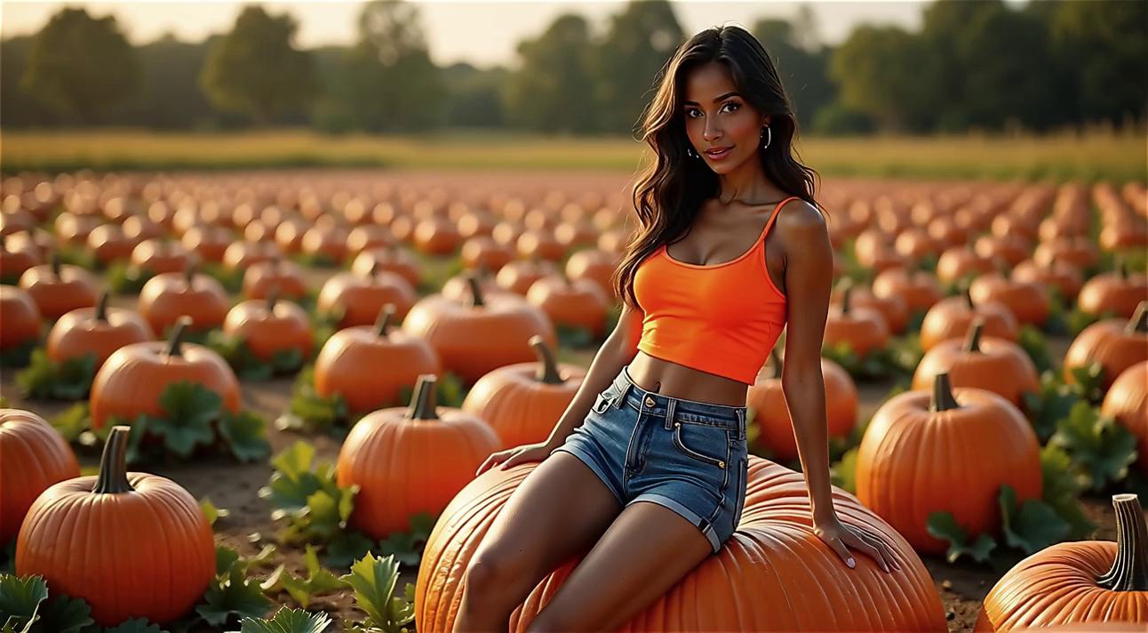 Prompt: A tornado suddenly appears in the distant background. The wind howls as it pick up the pumpkins behind her. She looks in the camera and frantically says, "Holy shit! We aren't in Kansas anymore!" The tornado then picks her up as she sreams loudly. 
