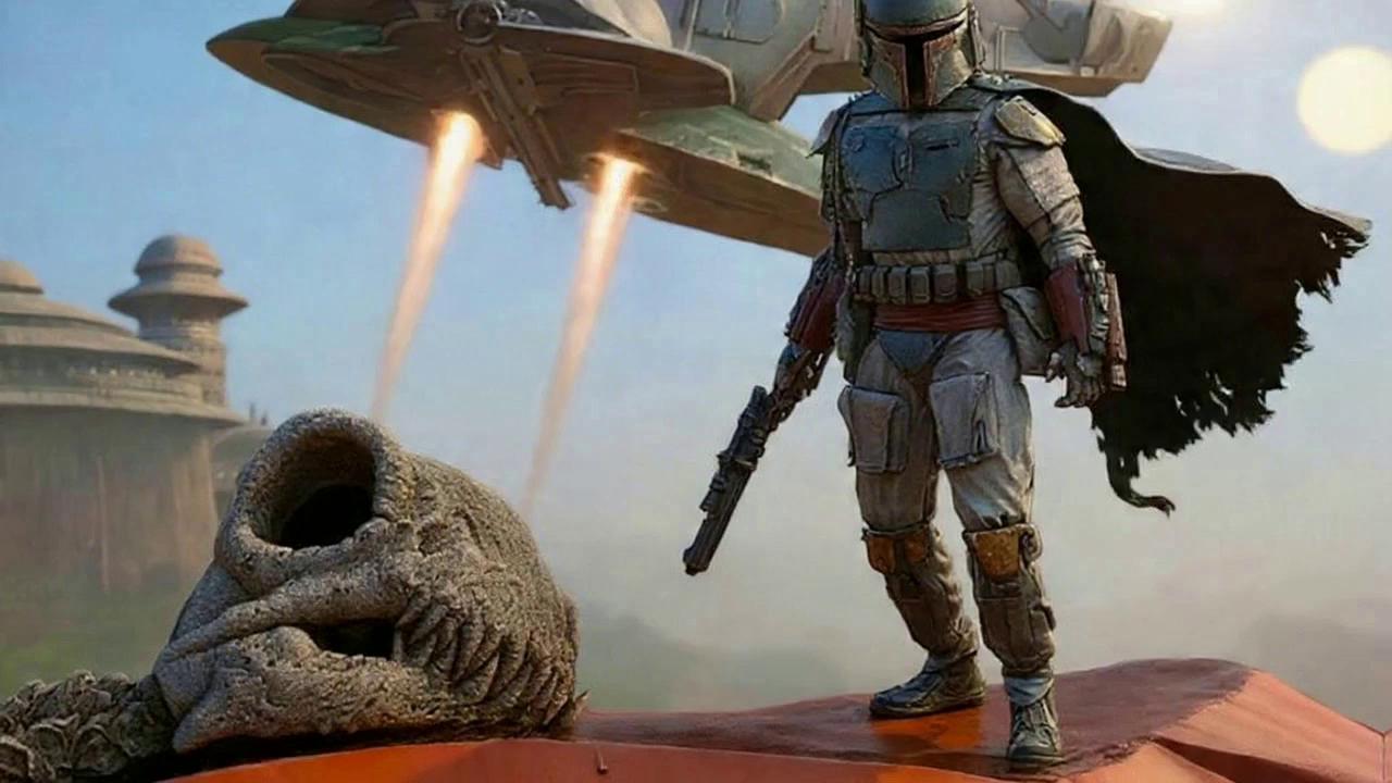 Prompt: ship flys away and boba fett uses his jet pack to attack an incoming Trex like mythosaur volcano erupting in the background 