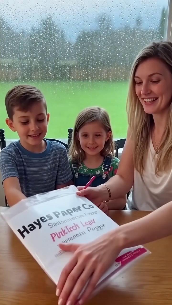 Prompt: Create a warm, engaging 15-second Meta ad video that transforms a boring rainy day into a creative family bonding experience using Hayes Paper Co Pink Tech Sublimation  paper. The video should tell a complete story arc: problem (boredom) → solution (Hayes Paper Co vinyl) → process (design, print, cut, apply) → payoff (proud, personalized creations).