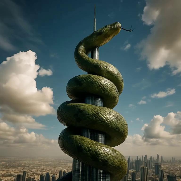 Prompt: hyperrealistic, cinematic slow-motion video, a gigantic anaconda snake slithering and coiling around the top of the Burj Khalifa. The snake's wet, scaly skin glistens under the harsh Dubai sun. Ultra-realistic CGI, photorealistic, shot with an IMAX camera on a telephoto lens from street level, emphasizing the immense scale. The scene is awe-inspiring and terrifying. Dramatic sky, no people, high detail, 8k resolution.