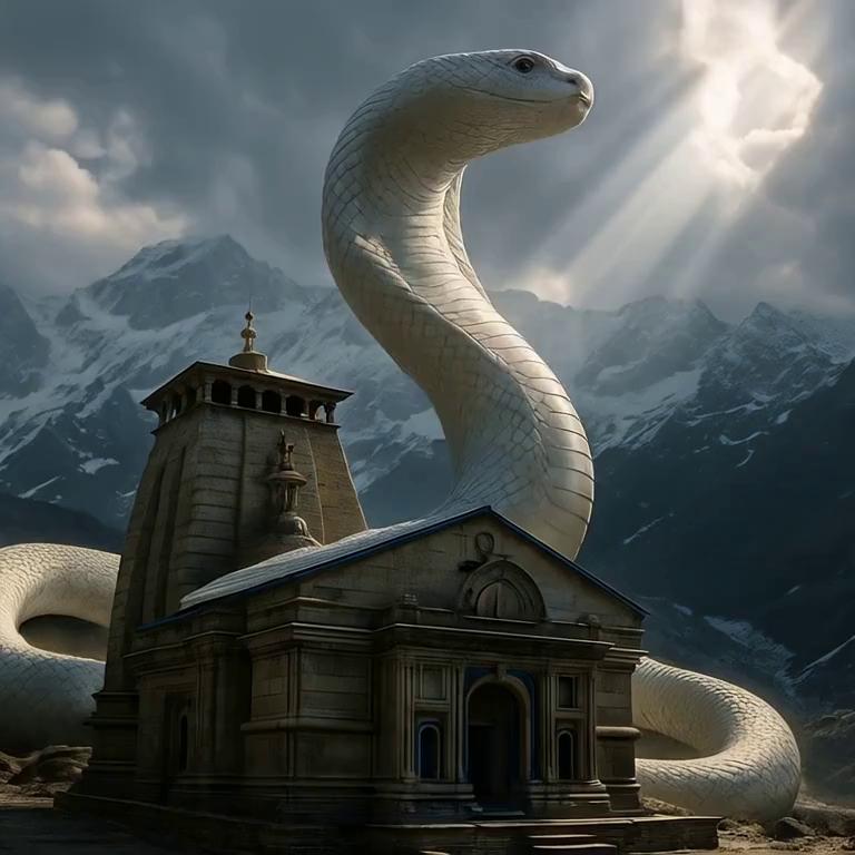 Prompt: cinematic shot of a gigantic, glowing divine snake emerging from behind an ancient Hindu temple in the Himalayas, epic scale, divine light rays, misty