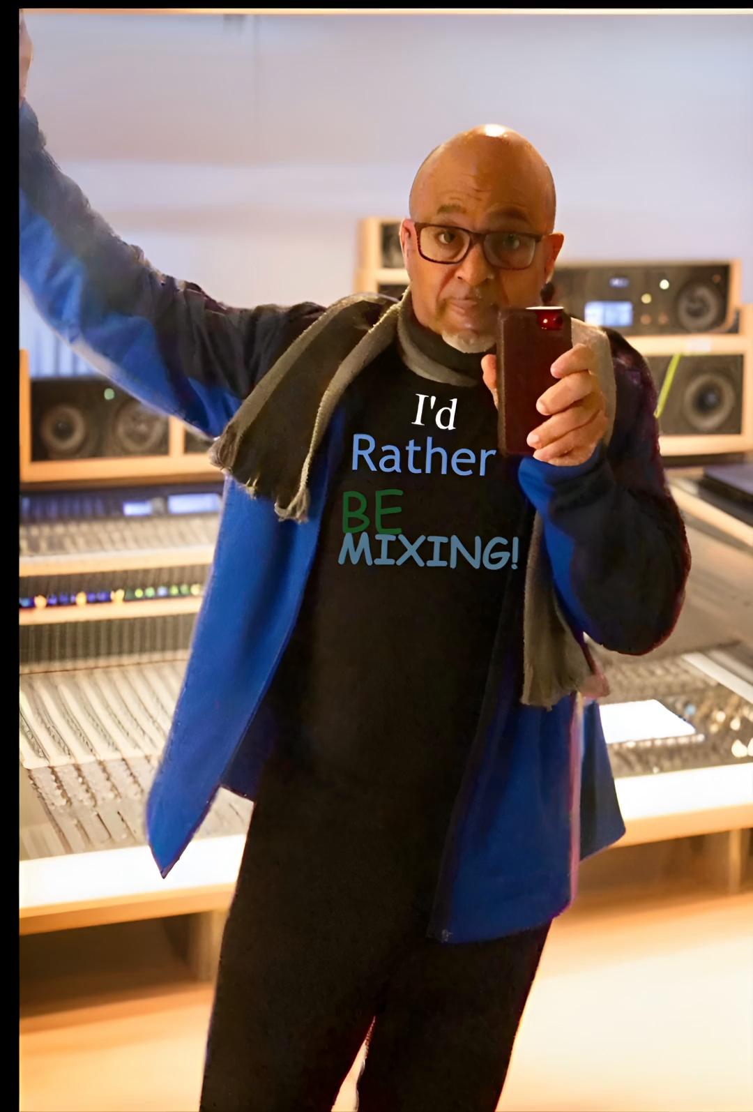 Prompt: The man in the video turns around and looks at the mixing console behind him and stretches his arms out wide with joy!  Use cool downtempo music. He has no hair. Downtempo cool music.