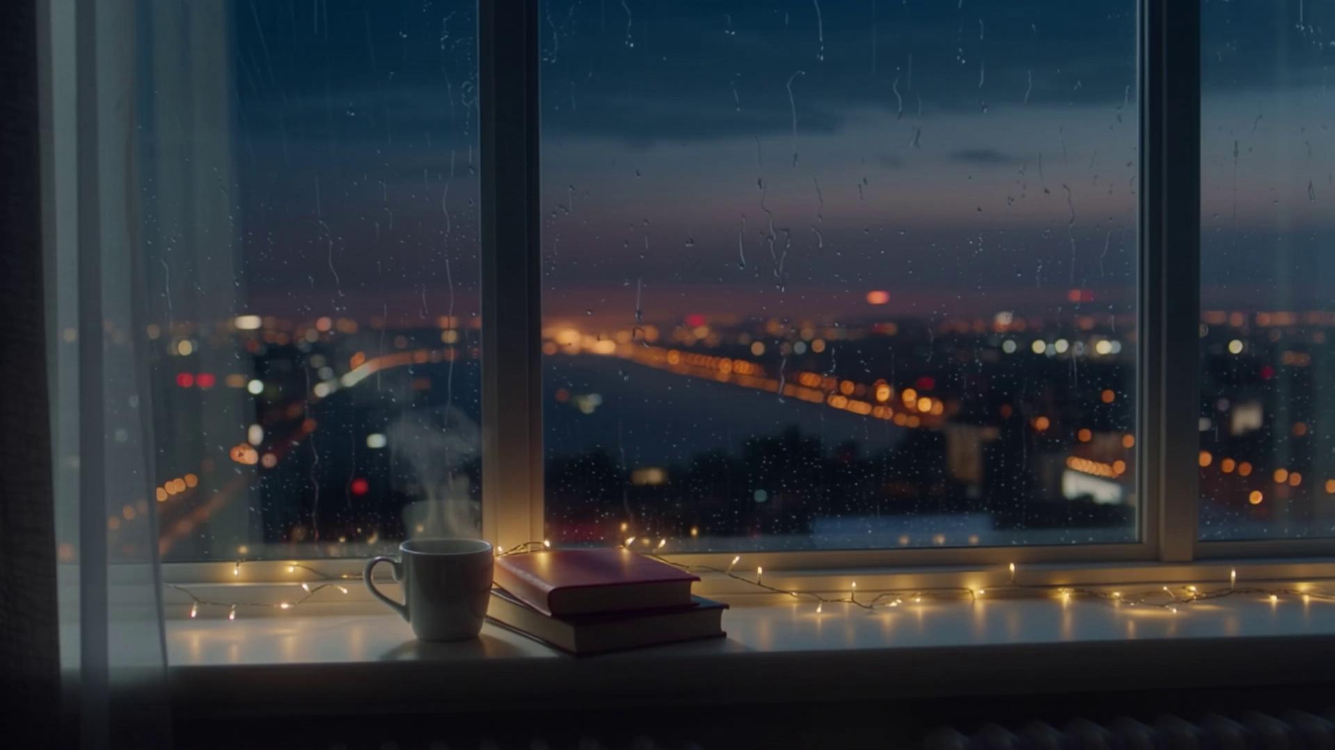 Prompt: A cinematic, photorealistic nighttime scene viewed from inside a high-rise apartment. Rain softly streaming down a large window, blurred city lights glowing in warm amber and deep red tones outside. A cozy window ledge with a ceramic coffee mug, stacked books, and subtle string lights casting a golden glow. Intimate, moody, sensual atmosphere. Soft depth of field, film grain, slow dreamy motion, calm and luxurious. Late-night soul lofi aesthetic, quiet desire, minimal, loop-friendly.