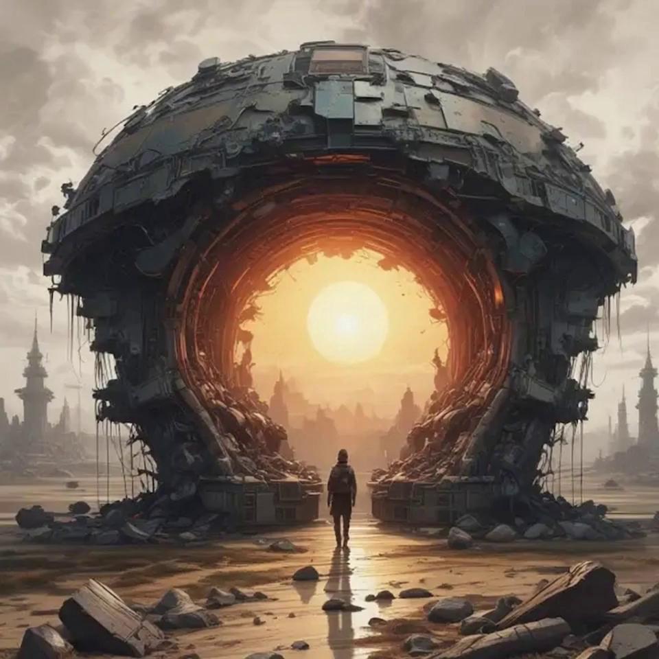 Prompt: the character walks through the center of the hollowed structure