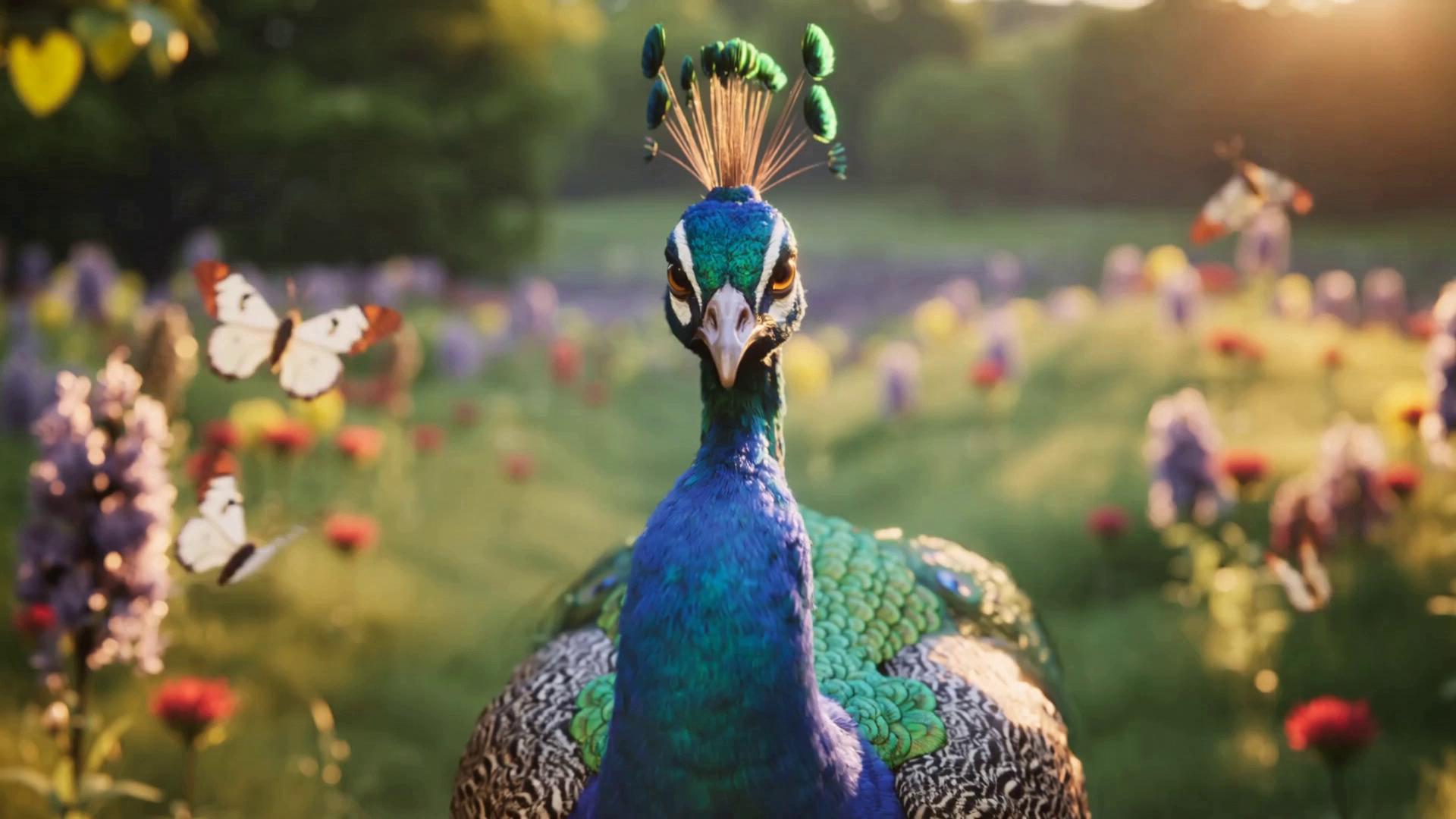 Prompt: Realistic and beautiful, sunny. A peacock in a field of beautiful flowers, birds and butterflies walking...stares straight ahead at camera and slowly starts opening his peacock feather to full extent, then camera fades slowly away and fades. 
