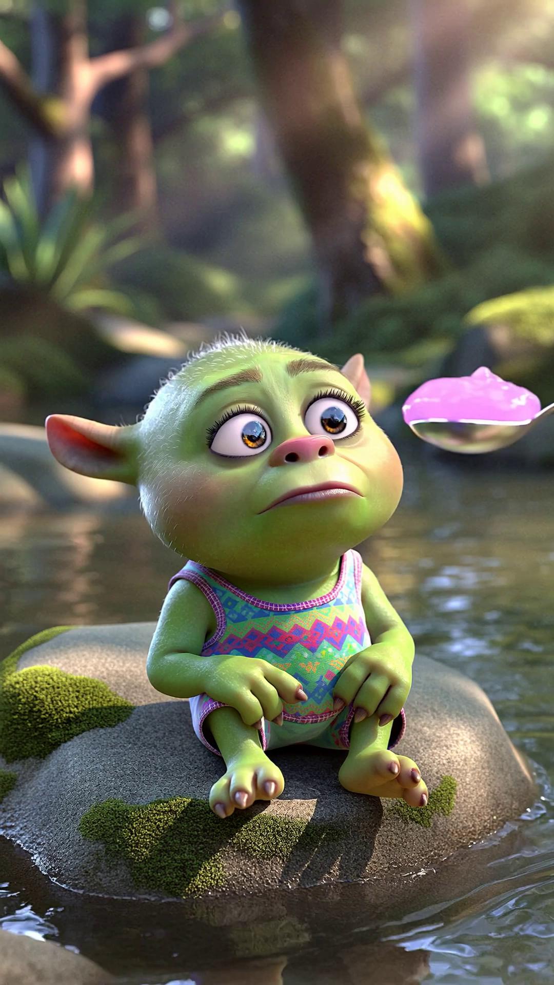 Prompt: A Pixar-style 3D animation of an adorable, chubby-cheeked baby monster, resembling a tiny, lime-green goblinling with soft, round horns and sparkling, oversized eyes. It's dressed in a cozy, brightly-colored, patterned onesie, sitting comfortably on a smooth, moss-covered river stone by a sparkling, sun-dappled stream. A friendly, cartoonish, multi-fingered hand with fuzzy blue skin gently approaches, feeding the baby monster a spoonful of vibrantly glowing, pulsating purple goo. After swallowing, the baby monster's expressive face undergoes a hilarious and exaggerated transformation—eyes squinting tightly, tiny horns twitching, nose scrunching dramatically, and its oversized mouth opening into a dramatic, comical, ear-splitting yell of disgust. Exaggerated, fluid monster emotions, smooth animation, perfect loop. Rendered in bright, warm, and inviting Pixar animation style, 9:16 aspect ratio.