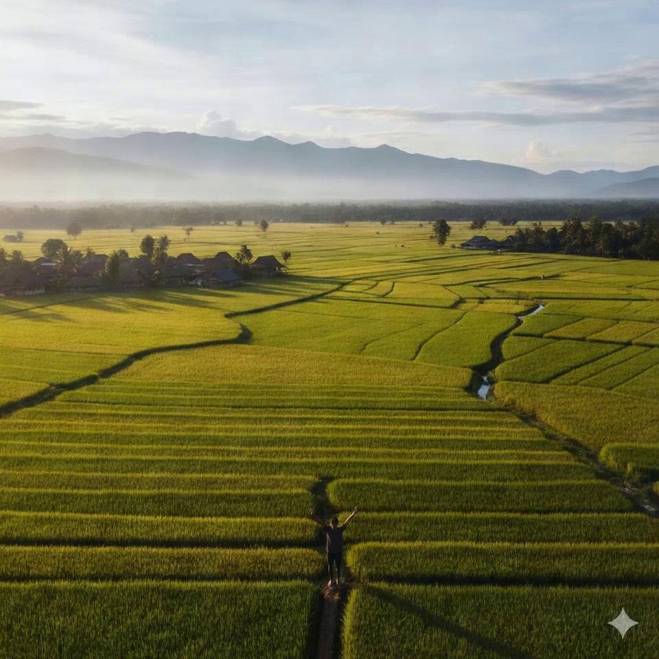 Prompt: make a video image like a drone camera passing towards the people below and as if the drone camera is flying towards the house to the front of the house in the image