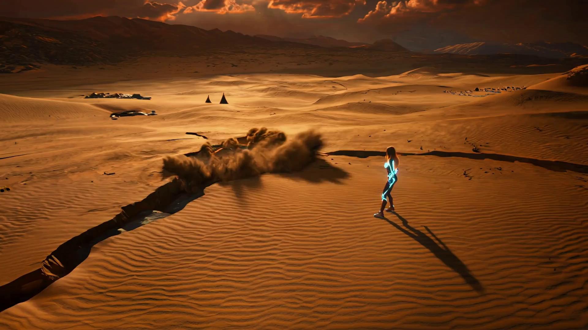 Prompt: Exterior wide shot. The ground splits open as a glowing rift emerges from deep underground. Mechanical alien limbs and glowing tech rise in symmetrical patterns. Dust and wind swirl violently. Nova stands at the edge, eyes wide in awe and fear, her suit softly glowing. The machine begins powering up. Epic lighting, dramatic dust movement, cinematic climax feel.