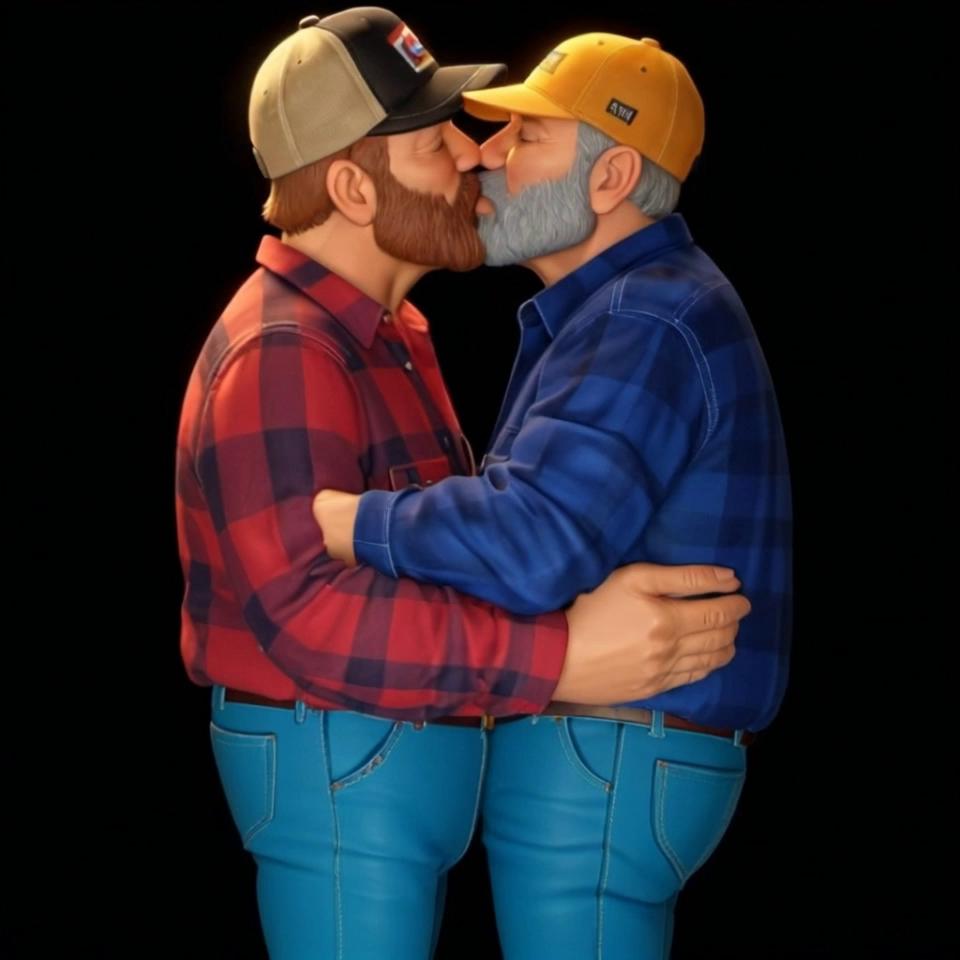 Prompt: Two 47 year old truck drivers wearing blue pants trucker hats and buttoned up long sleeved flannel shirts hugging and kissing together 