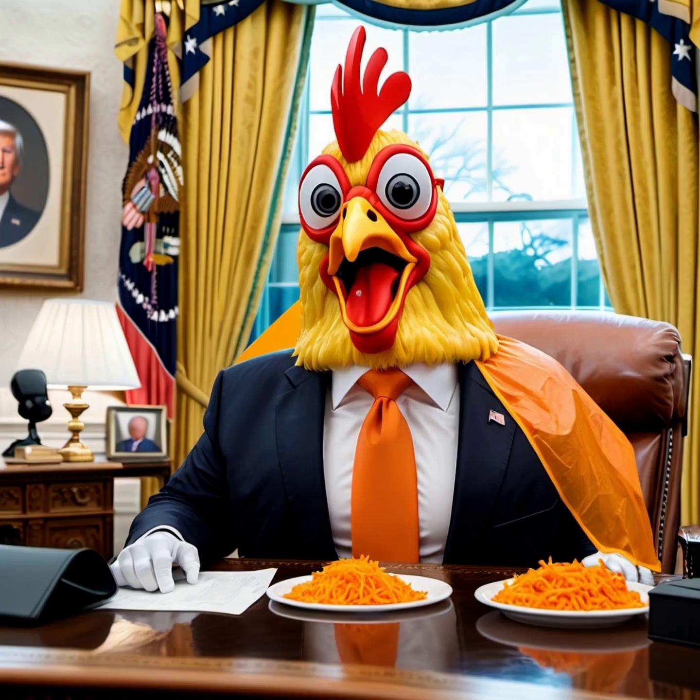 Prompt: chicken taco trump complaining about taco prices. 