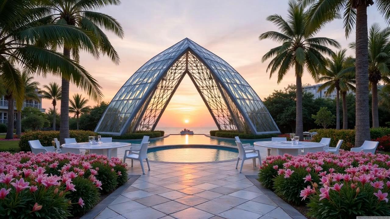 Prompt: Amidst a breathtaking tropical setting, a stunning glass structure arches elegantly, its geometric design framing a serene view of the ocean. Lush palm trees sway gently in the warm breeze, surrounded by vibrant floral arrangements, including pink lilies, that add splashes of color to the scene. The outdoor space, marked by a patterned stone pathway, leads to a tasteful arrangement of white tables and chairs, inviting guests to enjoy the picturesque surroundings. Soft pastel hues of pink and lavender in the sky suggest a tranquil sunset, enhancing the romantic ambiance of this idyllic escape where luxury meets nature. The gentle lapping of water from the adjacent pool complements the serene atmosphere, creating a perfect oasis for relaxation and enjoyment.