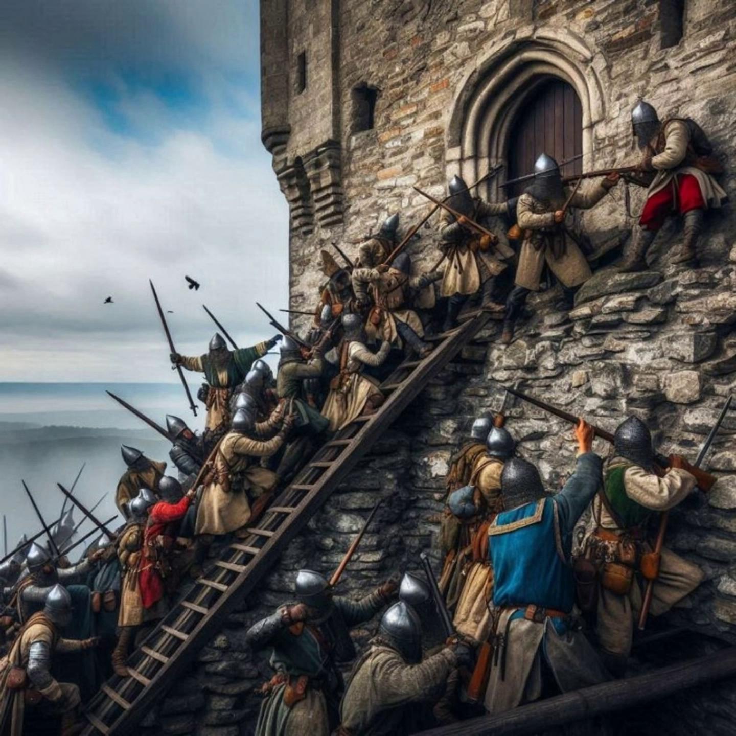 Prompt: The siege began. Men, swords, blood and steel. Mad flailing on the steps to the castle gate. 