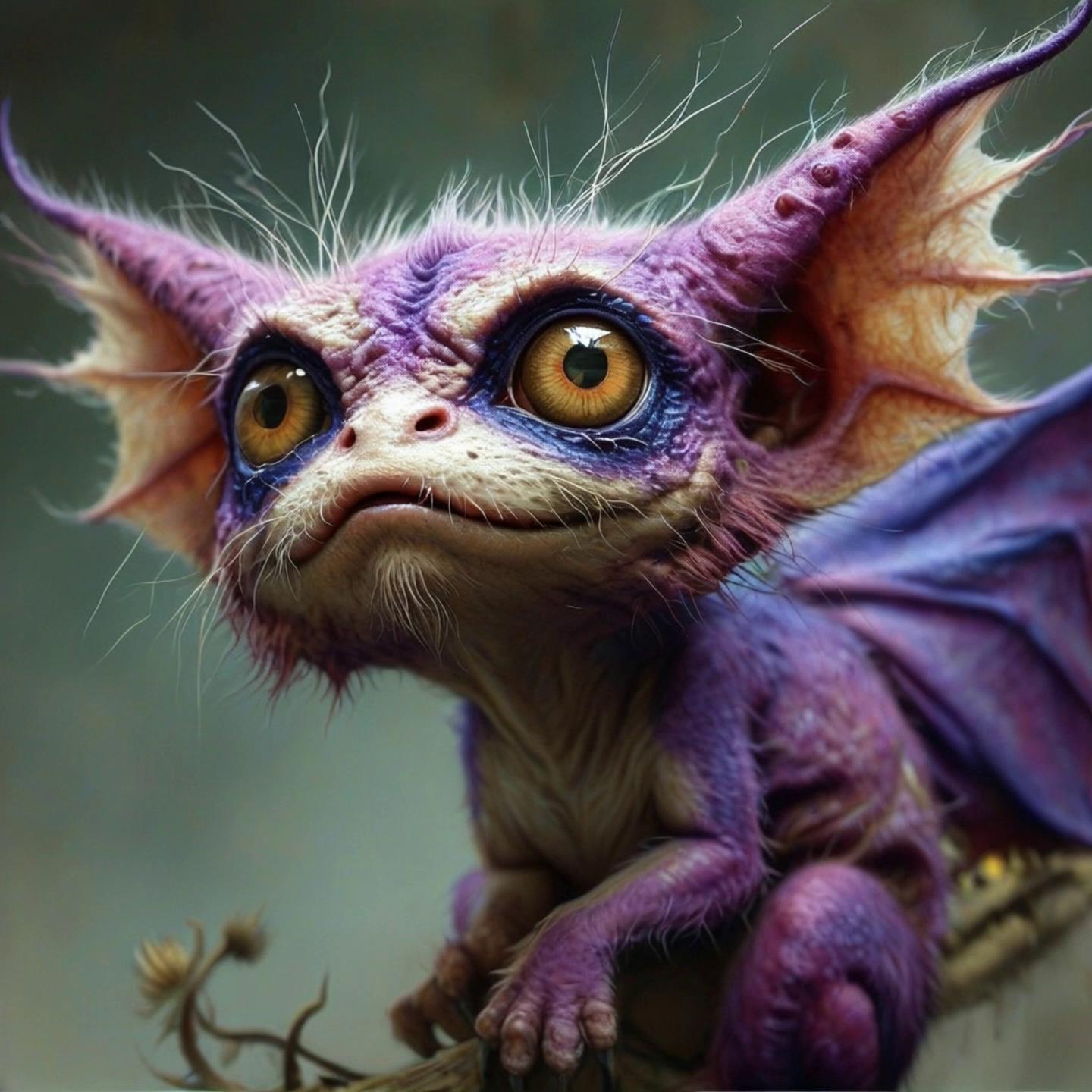 Prompt: Nature documentary style of a gentle engaged species, it's eyes blink vertically and the wind blows it's tiny whiskers, it's translucent throat swells Iike a bullfrog and deflates as it calls for it's mate, the camera stays tight on it's face