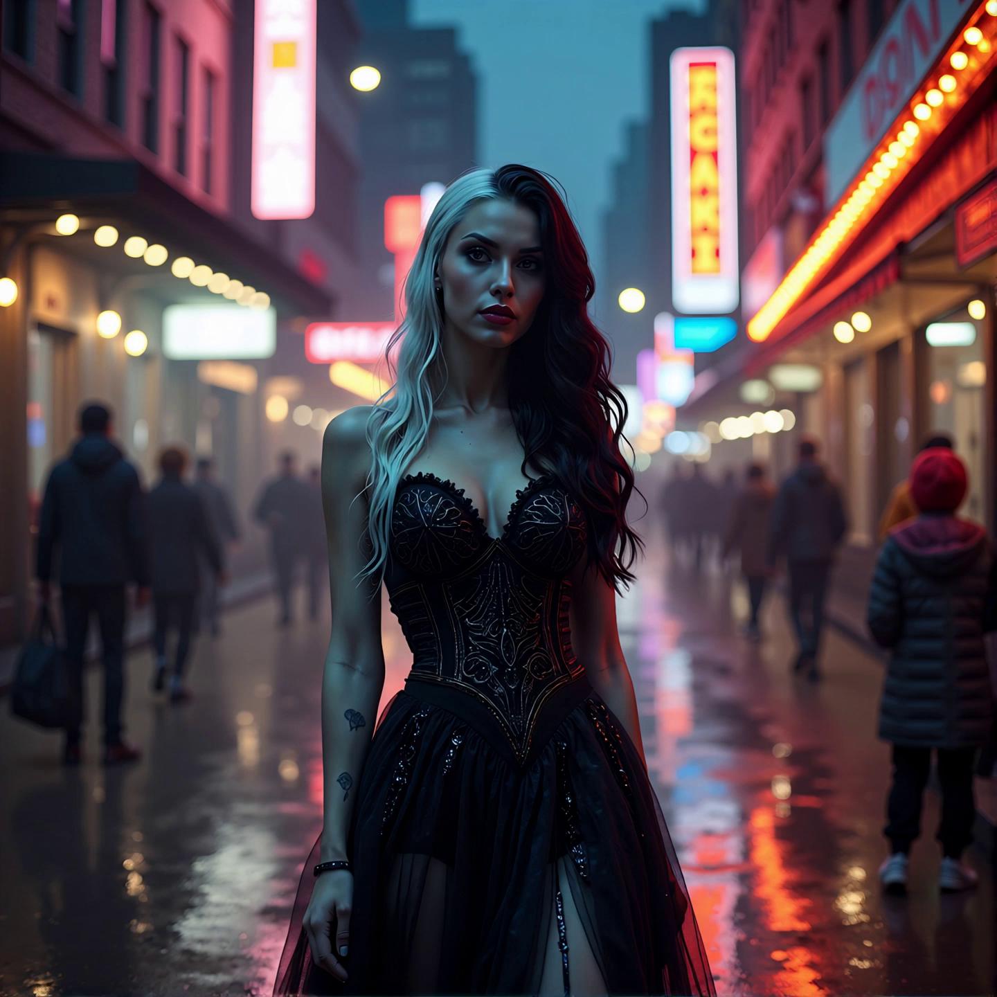 Prompt: The Bride of Frankenstein struts down Broadway