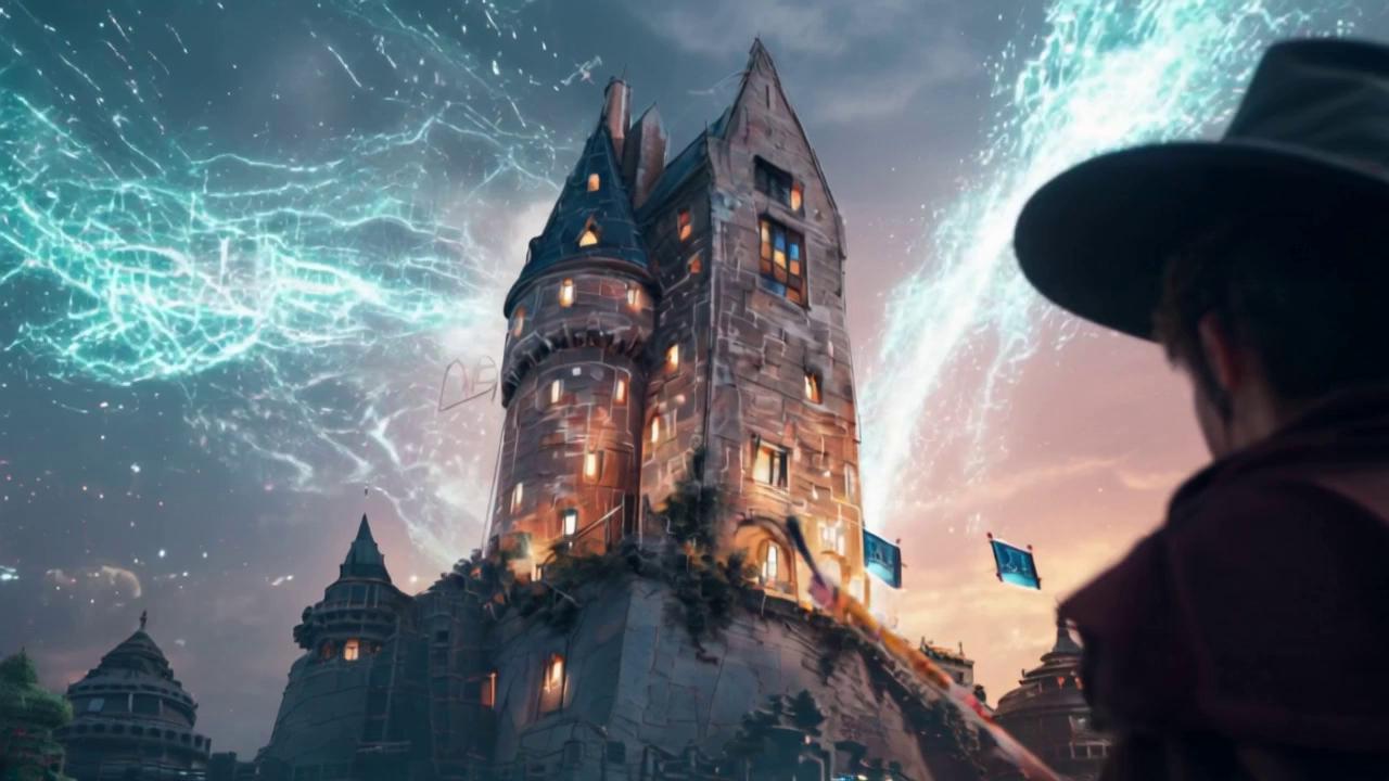 Prompt: A boy carrying wand, wearing a big floppy  and a cloak walks slowly toward a gigantic stone castle, with glowing neon circuits, mechanical gargoyles, and flickering holographic banners
A cinematic shot of Gary Totter. The environment is bathed in twilight with streaks of aurora-like code lighting up the sky. Soft, ethereal light spills from the castle windows, casting a magical glow on Gary’s face. The camera follows the boy as he walks and then a slow, upward  capturing the sense of scale as the castle looms majestically above.