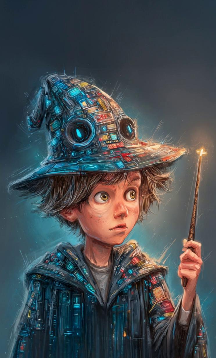 Prompt: boy waving his wand, cinematic tracking
