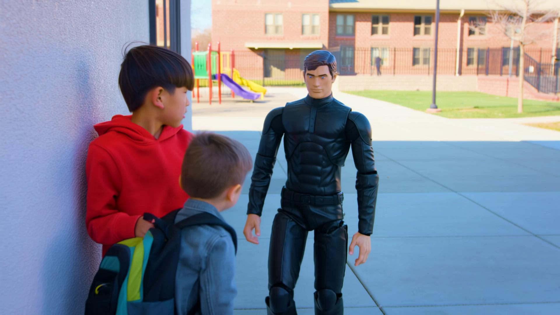 Prompt: Male action figure save a kid from getting bullied from school