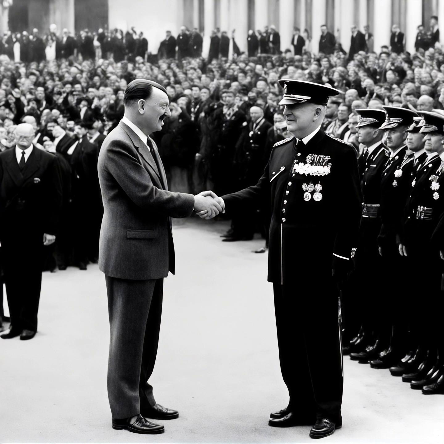 Prompt: Hindenburg is giving adolf hitler a formal hand shake then turns to the crowd and waves at them