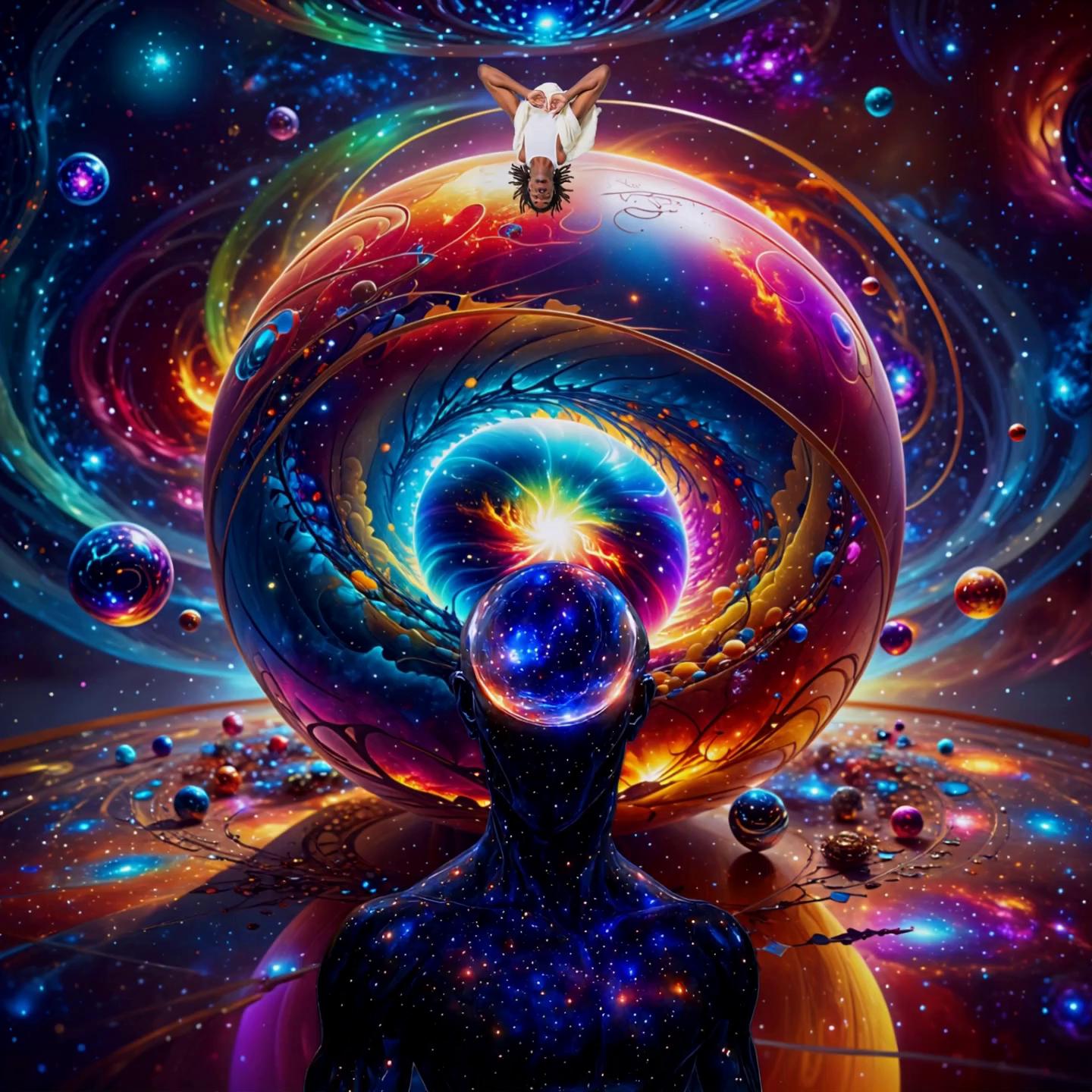 Prompt: Begin with the current scene: a cosmic realm of swirling galaxies, floating orbs, and a vibrant celestial background.
The camera is locked in a vertical frame, looking up toward the man suspended upside-down at the top, motionless, eyes wide in stunned awe—frozen mid-abduction like he’s caught in a tractor beam of divine intelligence.
From the bottom of the frame, the dark cosmic entity slowly ascends upward, revealing its full form over 10 seconds. Its body is made of shifting galaxies, glowing starfields, and plasma veins. As it rises, cosmic winds and light distortions erupt outward—ribbons of charged particles ripple and swirl like they’re caught in an unseen gravitational field.
The entity glows more intensely with each second, emanating power and divinity. The colors pulse in sync with distant rumbles of energy.
No camera movement. The focus is on the slow reveal and emotional contrast between the still, shocked human and the rising, godlike being.
Cinematic lighting: subtle lens flares, particle bloom, and deep shadows accentuate the scale and power.