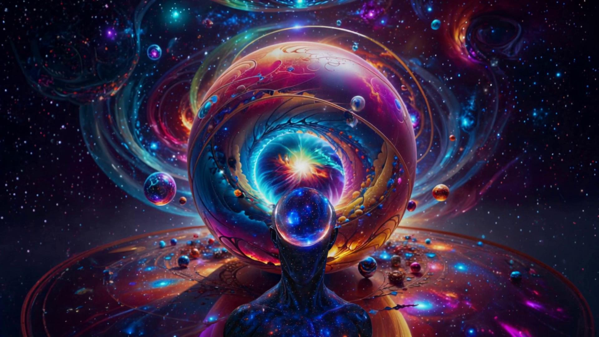 Prompt: The entity at the bottom of the screen rises slowly, breathing deeply, revealing an immensely powerful body made of flowing cosmic energy, emitting energy arcs. 