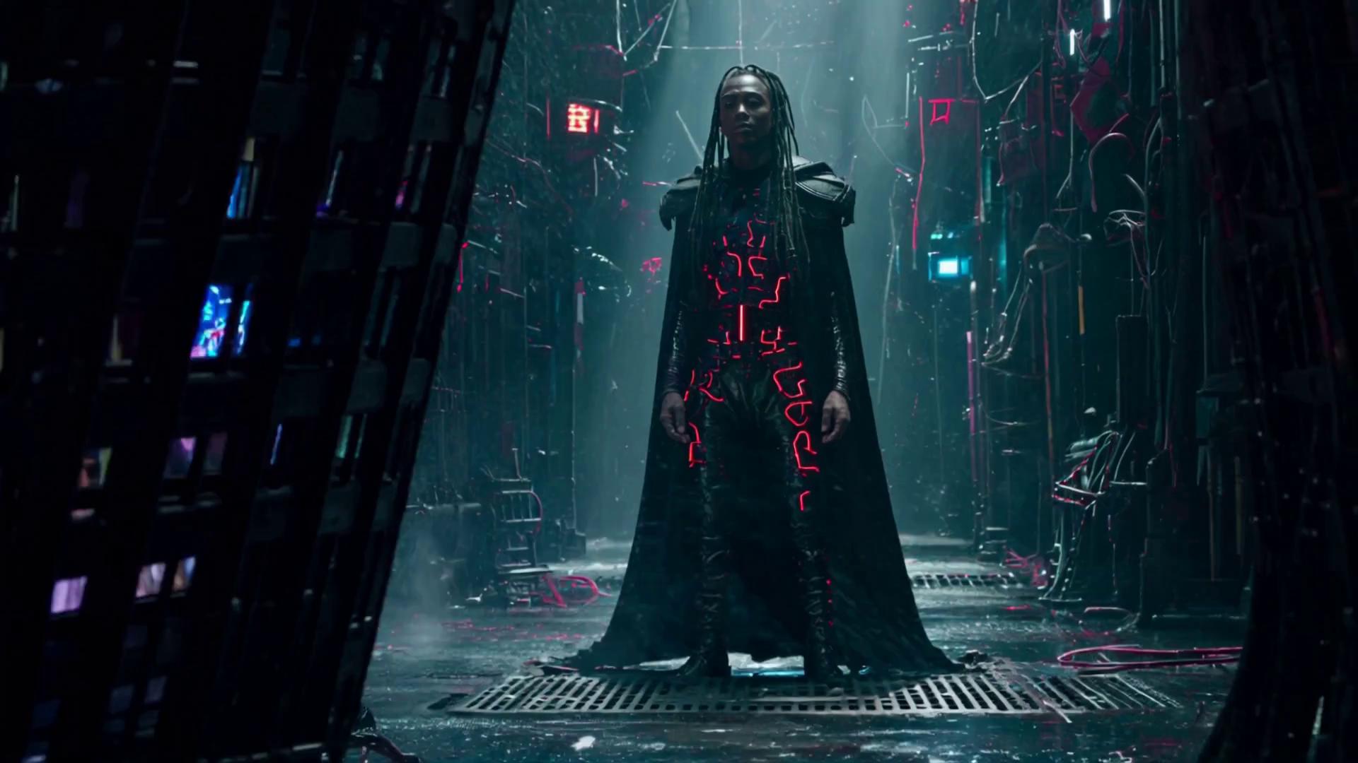Prompt: Scene Description (Hyper-Realistic / Cinematic):
A dark, rain-soaked cyberpunk alley fringed with flickering neon signs in kanji and tangled cables. Steam hisses from grated vents, and puddles mirror the city’s riot of color. At center frame, 6′3″ V stands alone in his armored black cloak with glowing red-blue circuitry. Before him hovers a pulsating energy orb—a swirling nexus of violet, electric blue, and molten gold light—casting dynamic reflections on wet concrete.
Camera Movements:
0:00–0:03s | Low-Angle Crane Shot (Behind): Start behind V at ankle height, crane up and forward, tracking his approach to the orb. Rain streaks past the lens.
0:03–0:06s | Smooth Dolly-In to Medium Shot (Side): Transition to his right side at chest height, dolly closer as V’s chest heaves with each breath, orb’s glow intensifying.
0:06–0:08s | Horizontal Pan + Arc: Circle in a slow, seamless arc toward V’s front, revealing the orb’s distorted light rippling the alley walls.
0:08–0:10s | Dynamic Push + Close-Up: Push in to an extreme close-up of V’s eyes (now open), low angle, as the orb’s light surges—then cut to black.
Lighting:
Key Source: The orb itself—pulses of violet gold—casts shifting patterns on V’s face.
Rim Lighting: Harsh cyber-neon rim from red signage (left) and teal vents (right), sculpting his silhouette.
Fill: Soft, diffuse ambient glow from alley’s wet surfaces and overhead fixtures.
Atmospheric Effects: Light backscatter from rain and steam, subtle lens flares as water droplets catch the orb’s light.
Style & Technical Specs:
Render Style: Ultra-realistic, cinematic CG with photoreal skin, fabric, and rainfall.
Frame Rate & Resolution: 24 fps, 4K, 2.39:1 anamorphic aspect ratio.
Lens & Depth: Simulate a 35 mm anamorphic lens, shallow depth-of-field—sharp focus on V’s eyes, background softly bokeh’d.
Color Grading: Moody teal-orange contrast, high contrast shadows, subtle film grain.