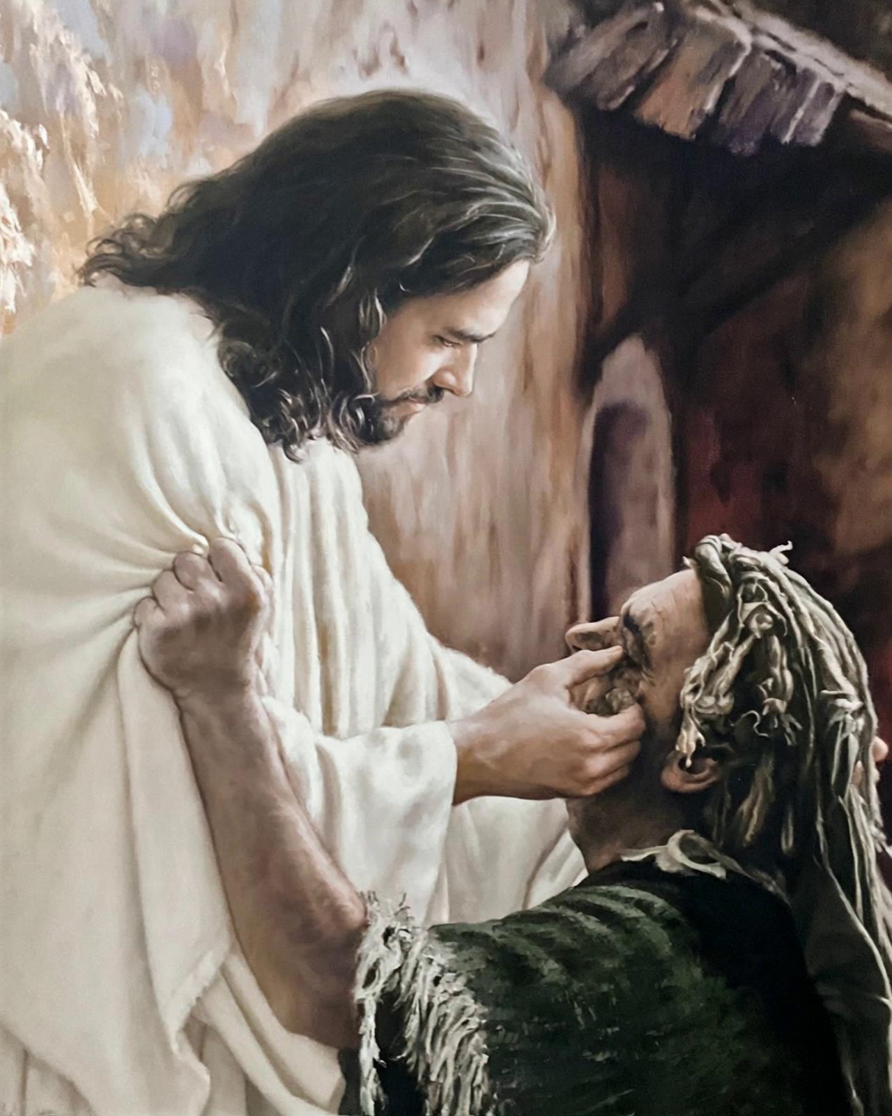 Prompt: After the healing touch the man opens his eyes wide and rejoices