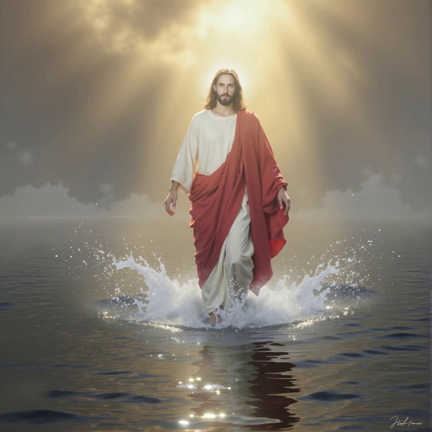 Prompt: The Lord continues to walk forward as he splashes water around Himself