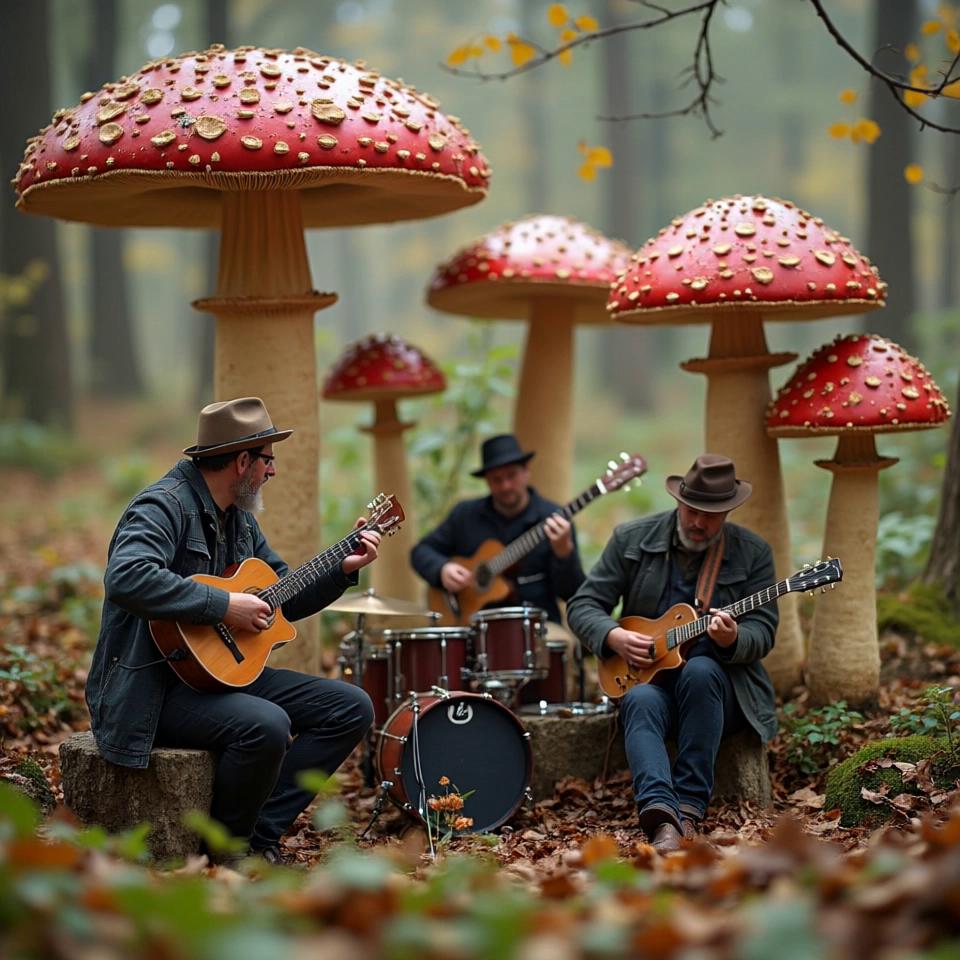 Prompt: All the mushrooms stand up and dance to the music