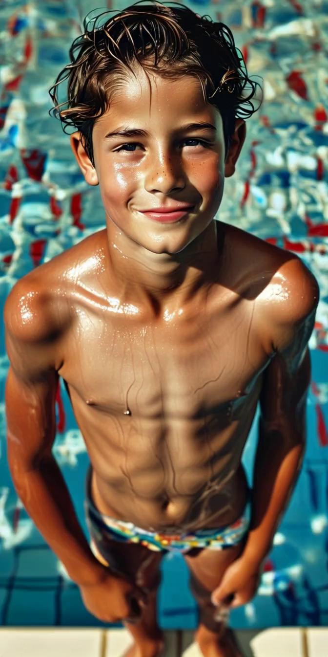 Prompt: boy smiles and jumps into the pool