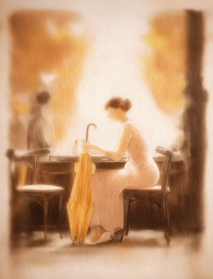 Prompt: Wide-angle shot from outside a foggy café window, slowly pushing in toward a young woman sitting alone at a small round table. She is wearing a soft peach dress and gently holding a yellow umbrella in her lap. Her eyes are lowered, lost in thought. Rain drips down the window glass in front of her, adding blur to the scene. The café interior is softly lit with warm golden ambient lighting, casting a gentle glow on her face and table. The overall atmosphere is quiet, nostalgic, and poetic. Visual style is hand-painted, with pastel tones, canvas-like texture, and soft focus. The camera moves slowly and calmly, like a memory. Minimal background motion — only light rain and soft lighting flicker.