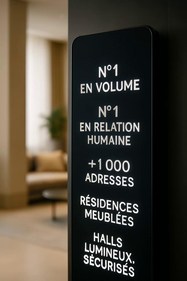 Prompt: A vertical signage animation in a premium real estate lobby. The camera faces a tall digital totem or sleek black information panel with rounded edges, standing against a softly lit, modern interior space — furnished apartment or luxury lobby. A clean list of five words scrolls vertically one by one, centered on the panel, in smooth motion with subtle glow and spacing. The background behind the panel is blurred and bright, showcasing architectural details in soft tones (beige, light grey, matte black). The overall tone is calm, modern, and high-end. No people. No music. No text on screen — just the signage motion.
