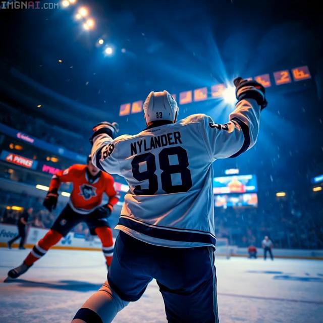 Prompt: energetic NHL hocket team  Leafs 88 scores against the injured and exhausted Florida Panthers goalie black NHL puck crosses the goal line past Panthers Goalie Bob