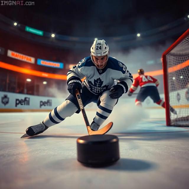 Prompt: energetic NHL hocket team  Leafs 88 scores against the injured and exhausted Florida Panthers goalie black NHL puck crosses the goal line past Swiss Cheese Panthers #72 Goalie Bob
