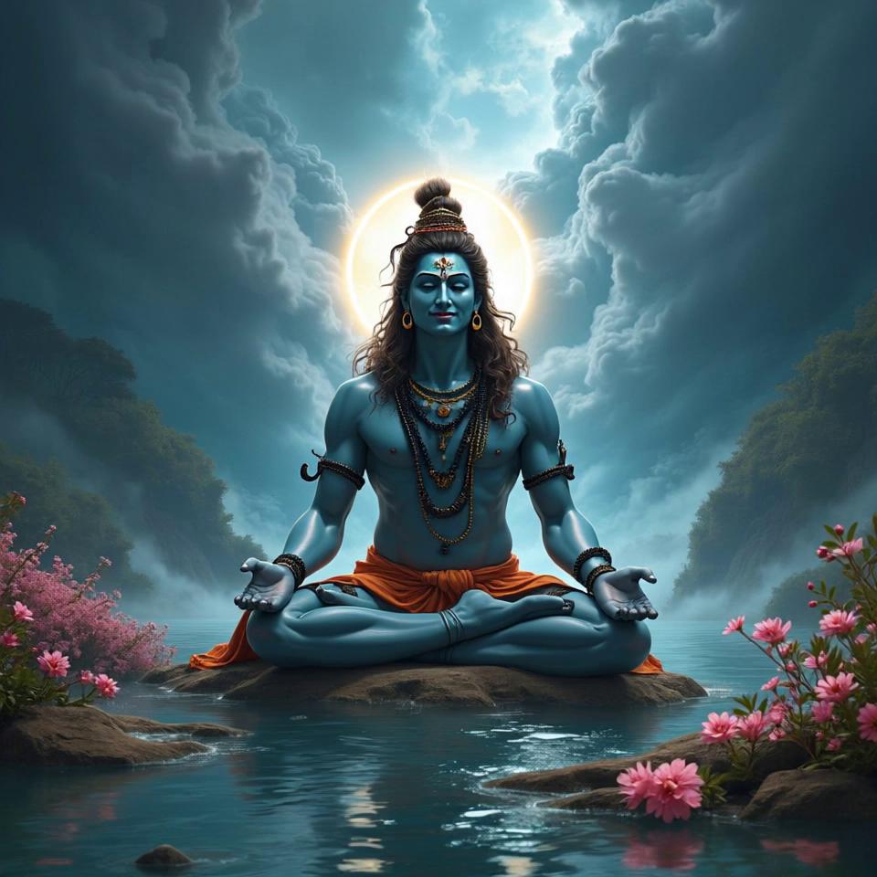 Prompt: The clouds slowly drift in the sky, the water gently ripples with reflections, the flowers sway softly in the breeze, cinematic divine atmosphere, slow mystical movement, ethereal mood, flowing harmony, surreal dreamlike animation. Shiva stable in the center, not moving.
