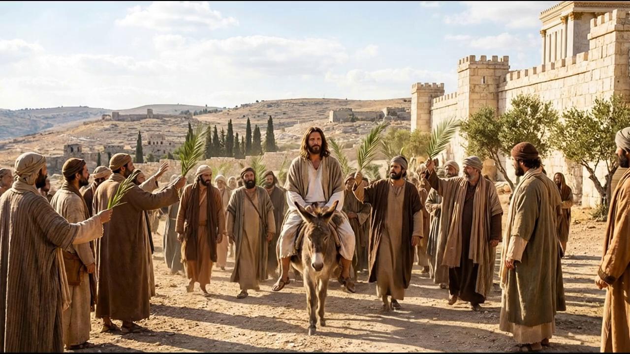 Prompt: Zdjęcie przedstawia Biblijną scenę wjazdu Jezusa do Jerozolimy . Ożyw scenę. Jezus na ośle jedzie pod murami świątyni.  Ludzie wiwatują. Oddają pokłony. Wymachują gałęziami palm. Kamera przesuwa się wolno razem z jadącym na ośle Jezusem.  W tle legendarna Świątynia Jerozolimska.