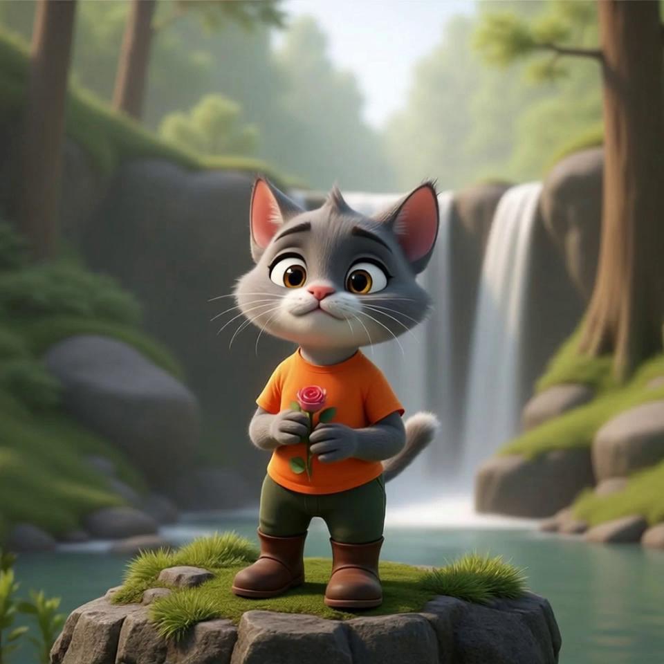 Prompt: The character holds out the rose in one hand and waves hello with the other hand. forest is lively with the waterfall flowing naturally in the background camera slowly orbits the cat character. 
