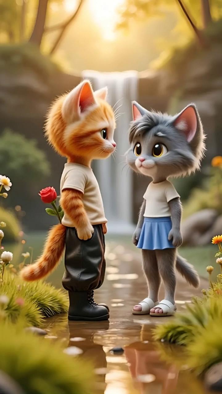 Prompt: The male cat grabs the rose behind him then hands it to the cat in front of him with a loving gesture and a kiss.