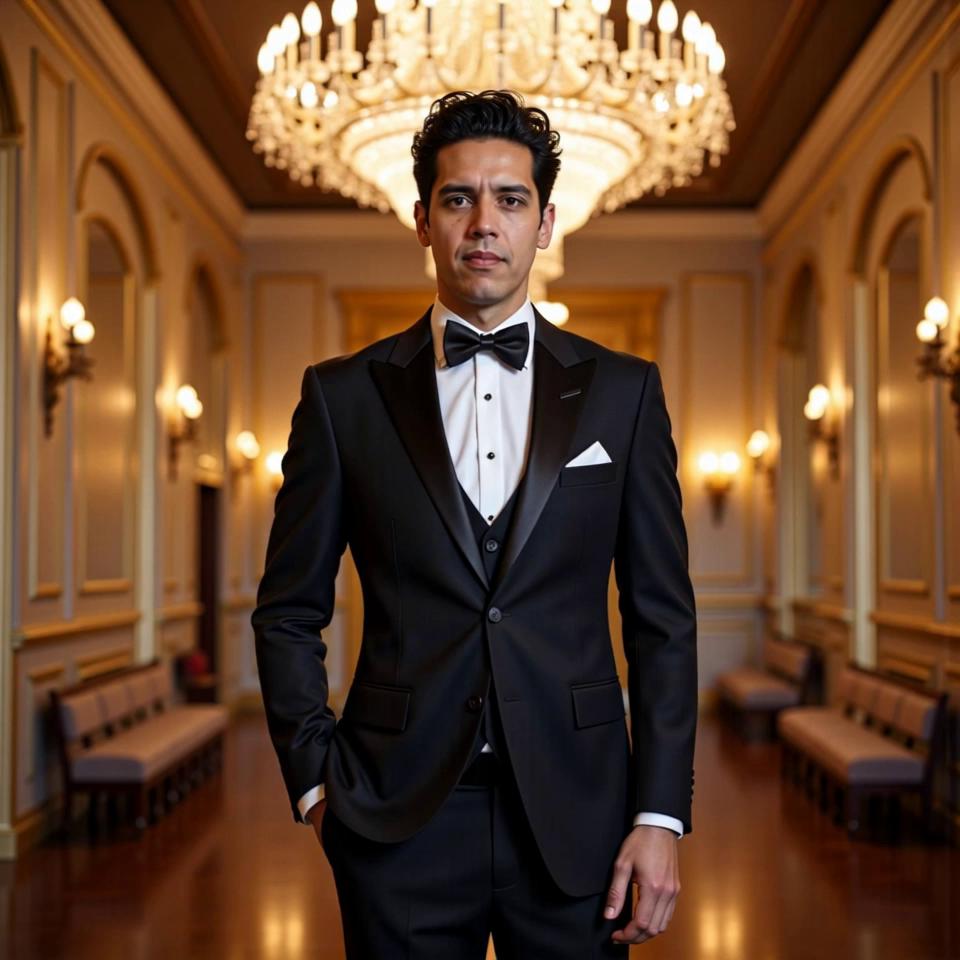 Prompt: photorealistic formal-dressed man a0cf41d8 with black curly hair, fair skin, black tuxedo with white shirt and black bow tie Amidst an opulent ballroom, the character stands confidently in the center, bathed in the glow of crystal chandeliers above. The sleek black tuxedo hugs their form perfectly, contrasting sharply with the pristine white shirt and polished black bow tie, which accentuates the character’s fair skin and striking black curly hair. Richly decorated walls adorned with golden accents swirl around them, creating an atmosphere of elegance; the scene maintains a clear focus on the character, allowing for dynamic 360-degree camera rotation that celebrates their polished ensemble against the lavish backdrop.