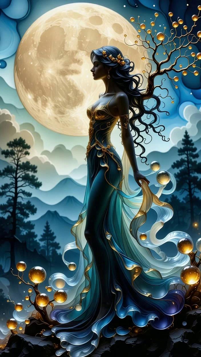 Prompt: A vision of loveliness walks in nature on a full moon night.