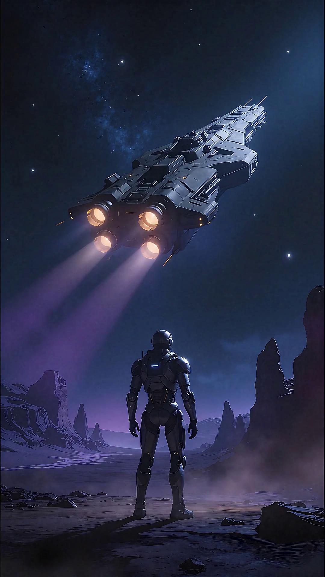 Prompt: A lone cyborg explorer stands on a desolate, alien planet, watching a colossal battle spaceship ascend into the starry sky. The overall mood is vast and cosmic. Style: photorealistic, with atmospheric lighting and a deep color palette.